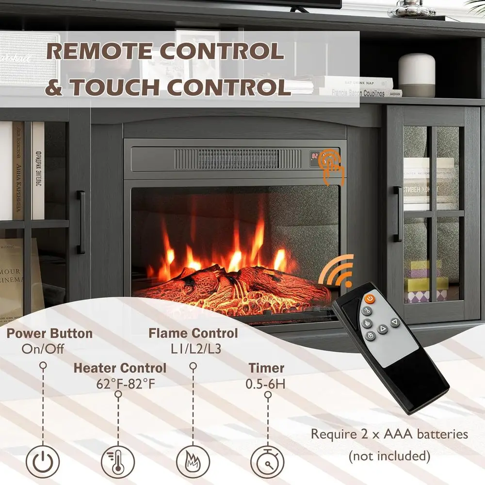 حامل تلفزيون ireplace يصل إلى 40 بوصة و65 بوصة، وتلفزيون مدفأة كهربائية مقاس 58 بوصة، ومركز ترفيه مع خزائن وجهاز تحكم عن بعد