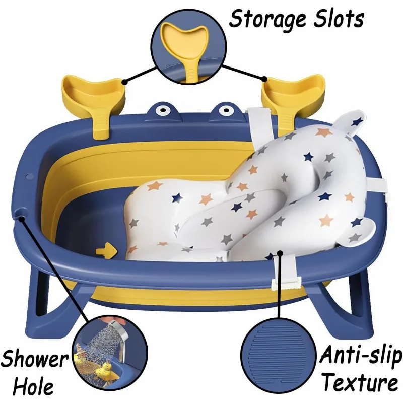 Portable Baby Bathtub with Soft Cushion for Easy Baths & Storage Foldable Infant Shower Tub with Drainage Hole Toy Ball Duck