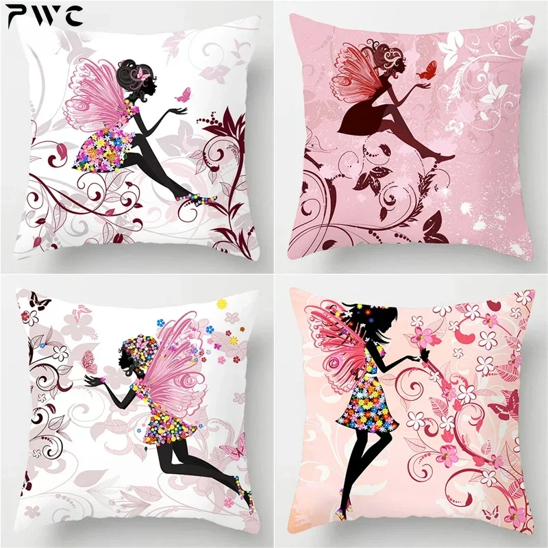 2024 Pink Flower Fairy Pillow Case Polyester Love Home Throw Pillows Soft Decorative Cushion Cover For Sofa Chair Pillow Covers