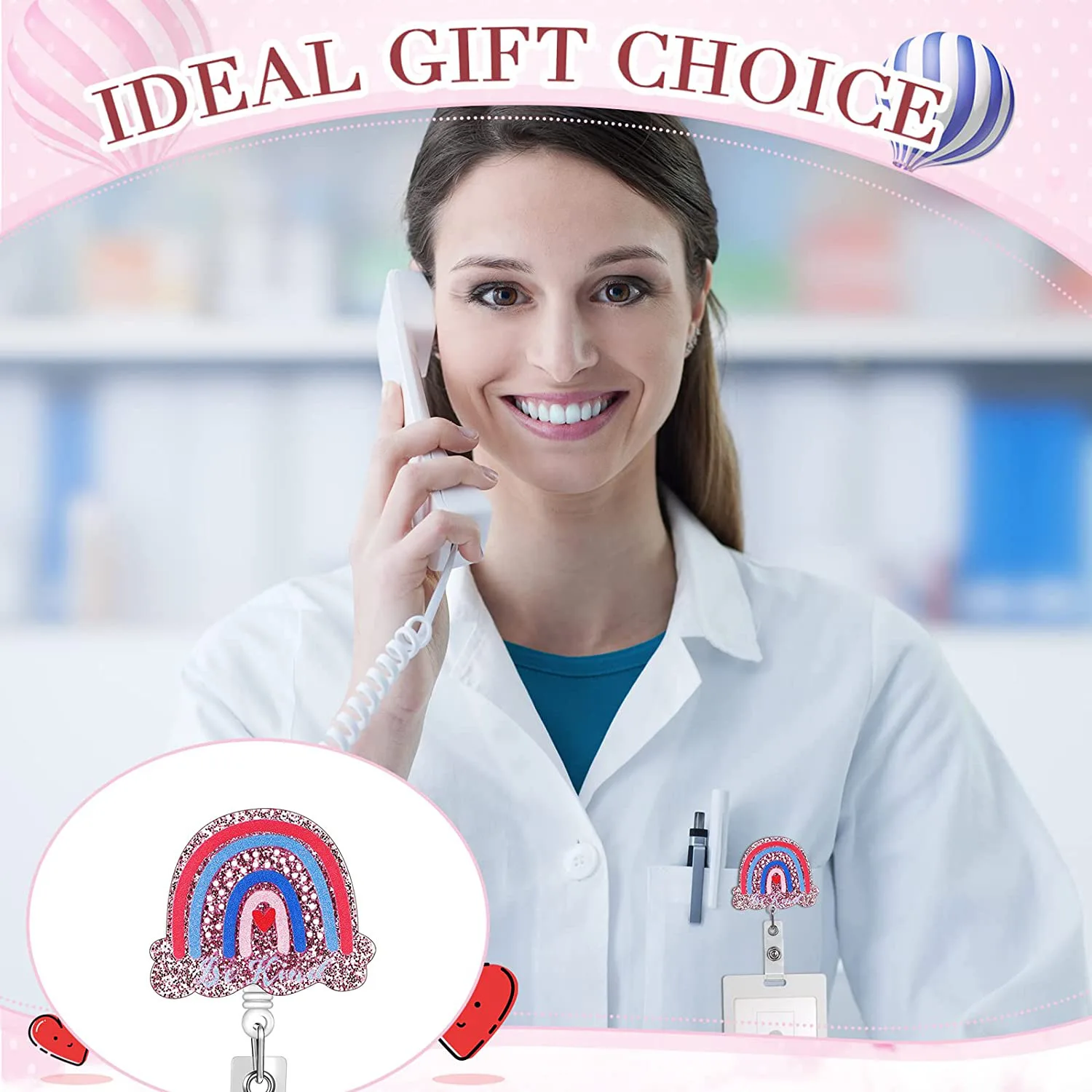 グリッターIDバッジリール、ワニ口クリップ付き、スタッフ、オフィスワーカー、医師用