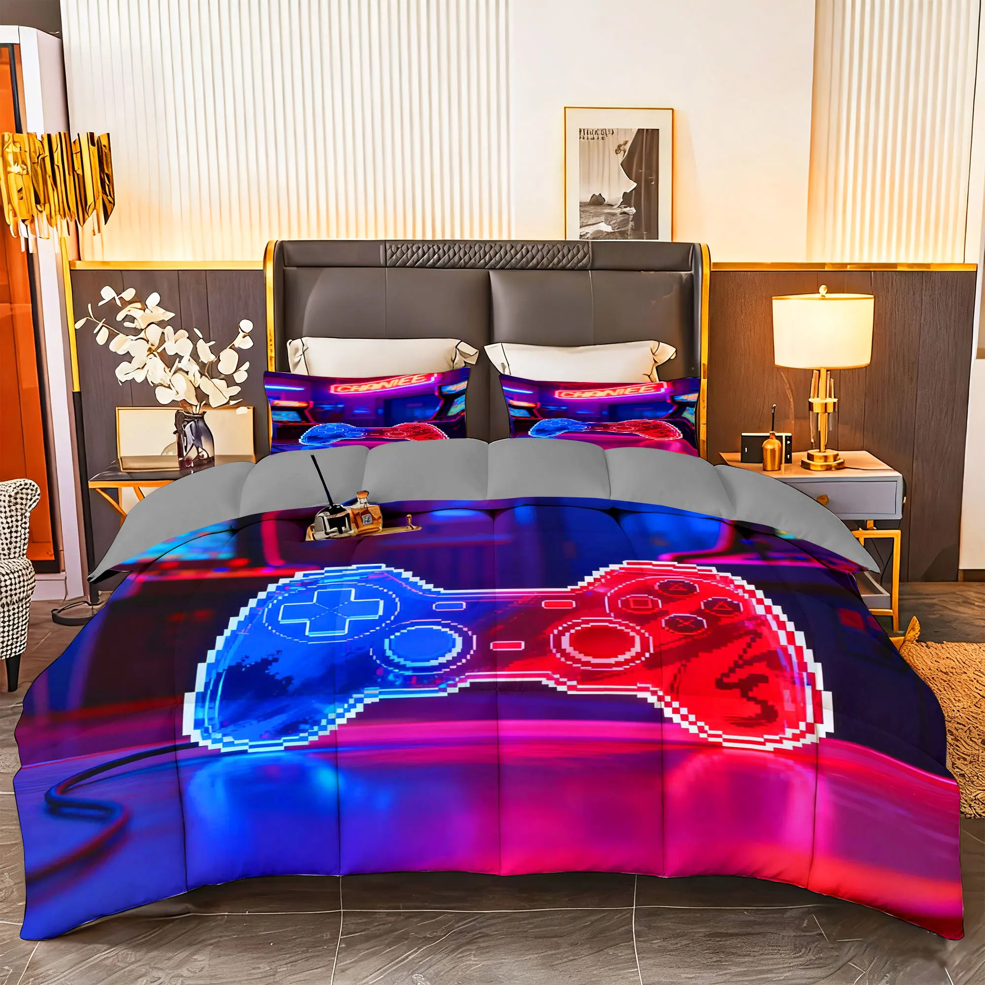 

3pcs Gamer Gaming Comforter Bedding Set-1pc Comforter + 2pcs Pillowcases Soft Breathable for Home Decor（Gamepad 04）