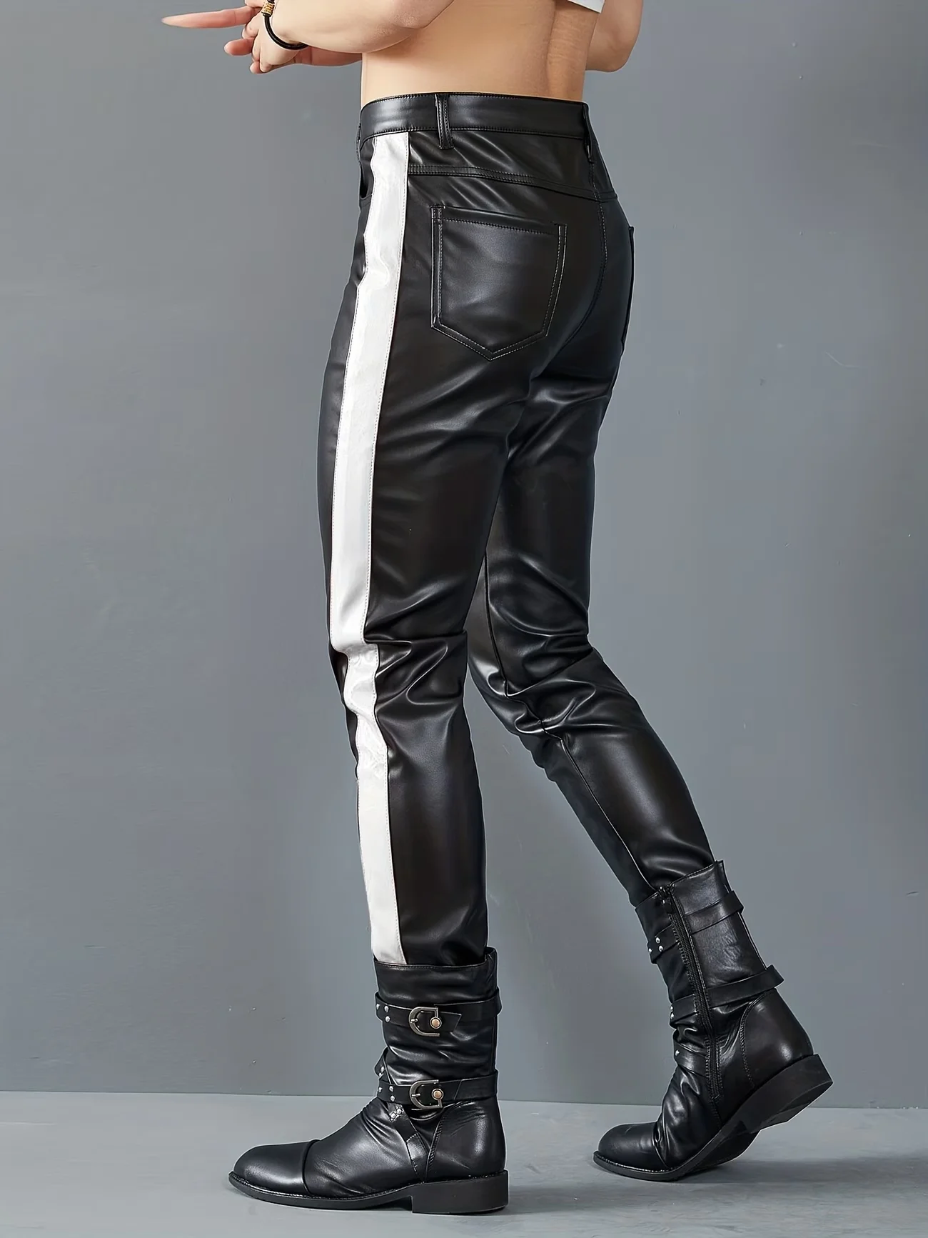 Herren Dehnbare Patchwork Outdoor Halloween Party Cosplay Biker Motorrad PU-Lederhose – Detail 9