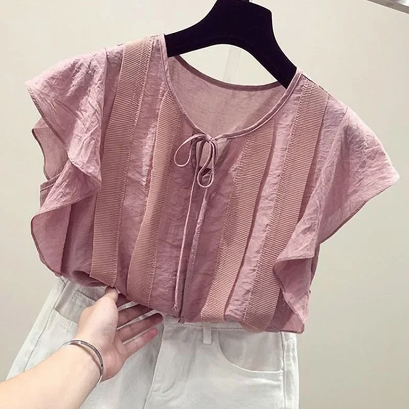 Elegante camicetta in chiffon con volant e fiocco con lacci allentati Abbigliamento donna Estate Nuovi pullover casual Camicia da donna da ufficio tinta unita