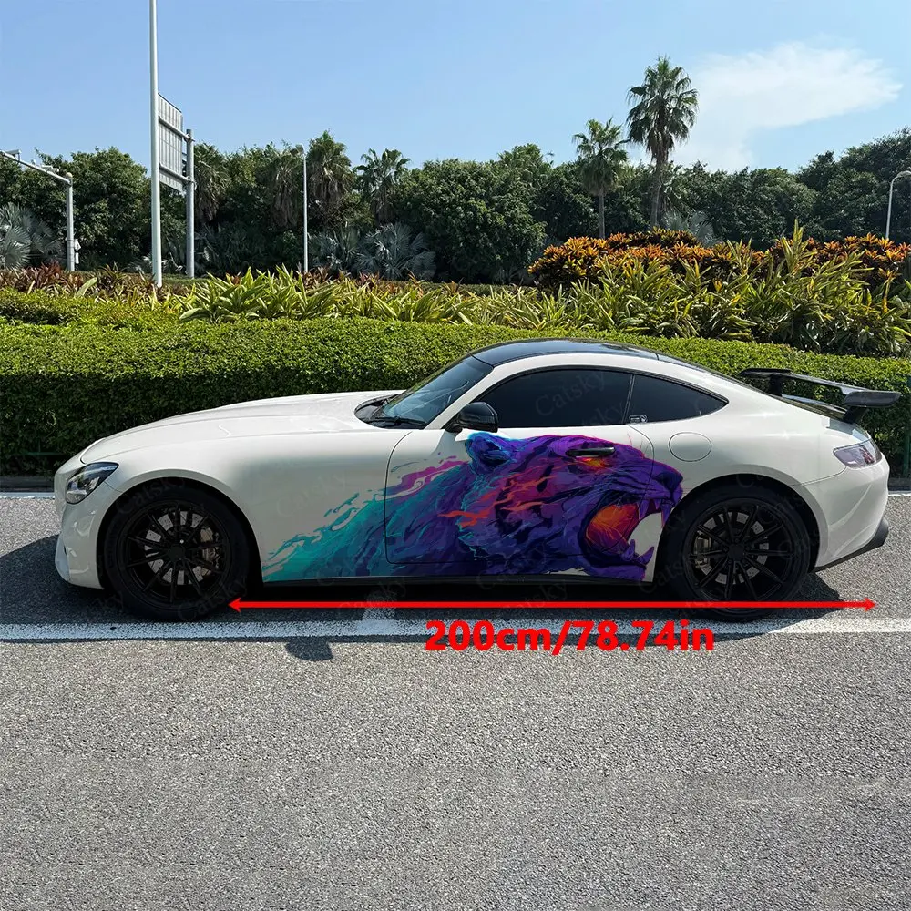 2pcs Pink-Blue Gradient Tiger Car Side Wraps, Self-Adhesive PVC Waterproof & Scratch-Resistant Stickers, Car Accessory Gift