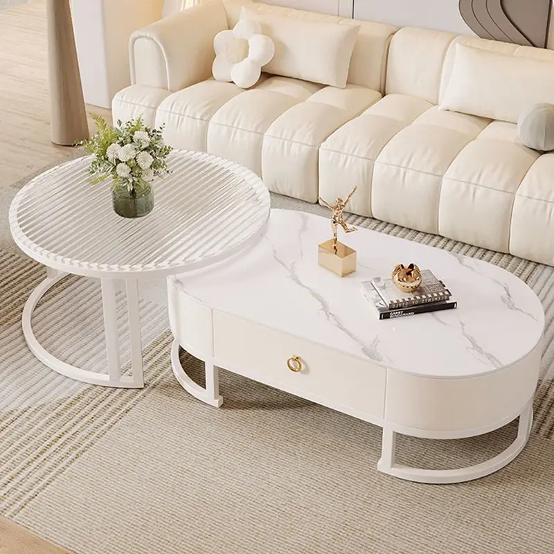 

Glass coffee table, living room household French, cream wind oval 2025 high-end removable, white minimalist