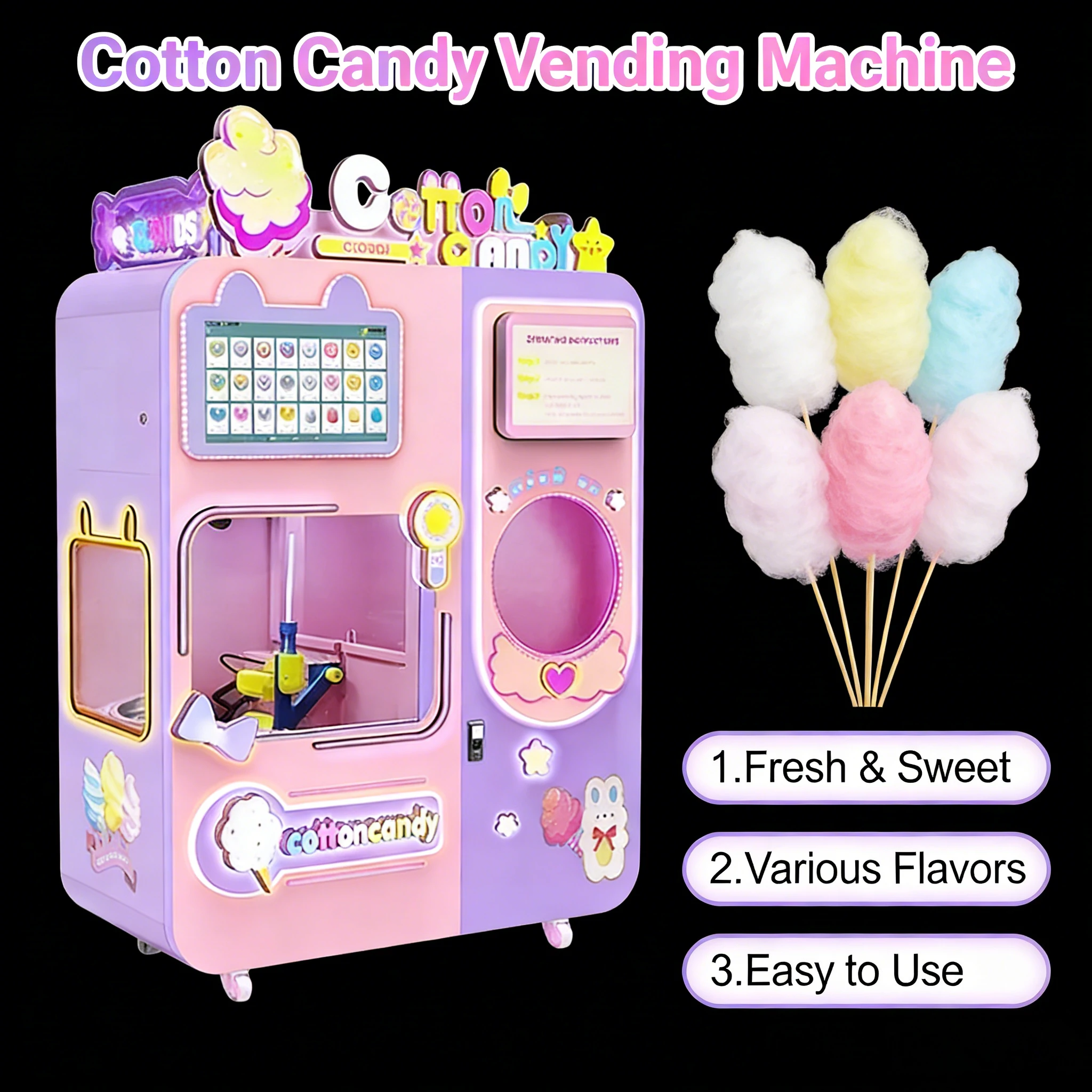 Customized Manufacture Color Coin Cash OEM ODM Factory Full Automatic Cotton Candy Vending Machine Floss Flower Candy Machine