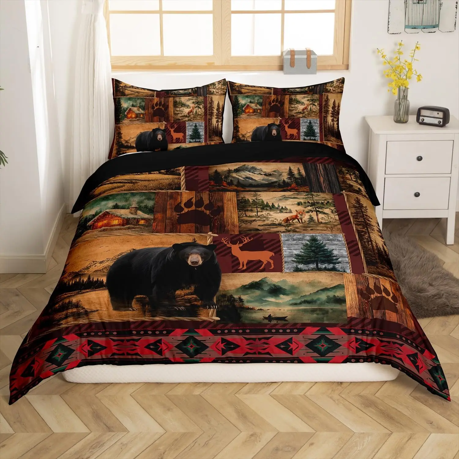 Rustic Black Bear Duvet Cover Set Double Size Retro Patchwork Bedding Set With 2 Pillowcases Cabin Hunting Decor