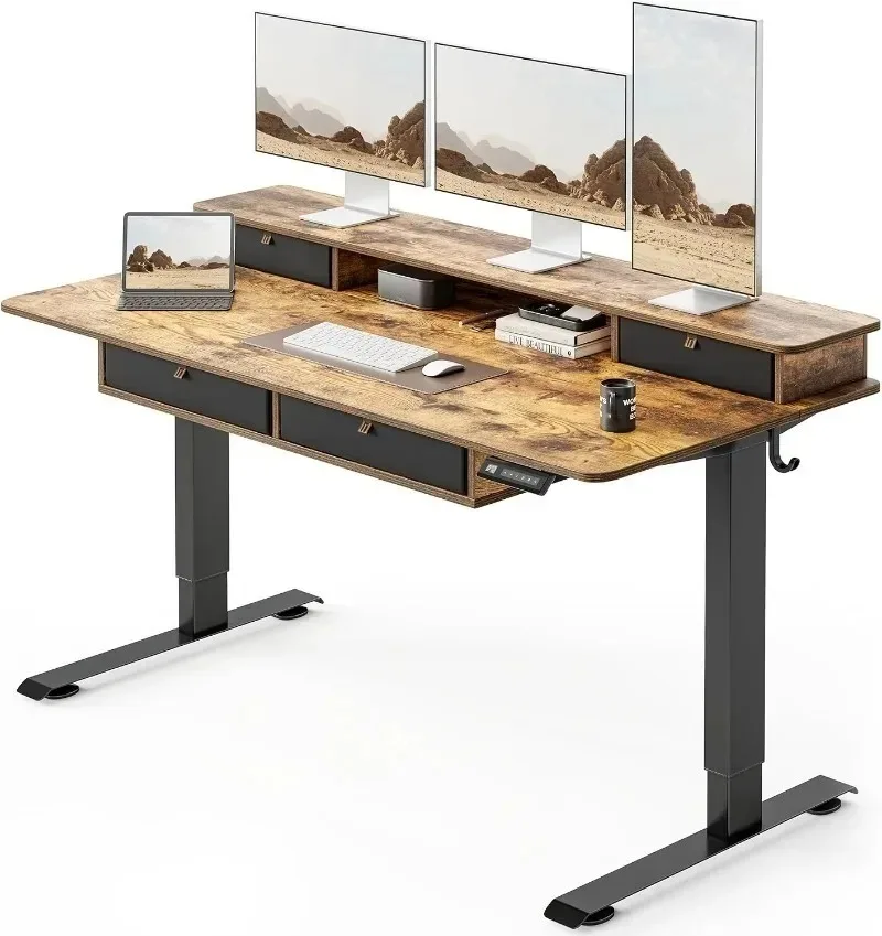 FEZIBO Standing Desk with Drawers, Height Adjustable Electric Workstation, Computer Sit Stand Up Table with Large Storage Shelf