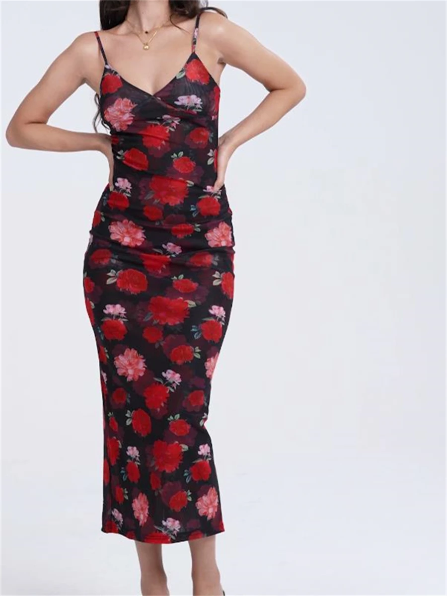فستان نسائي طويل بطبعة زهور عتيقة ، حزام سباغيتي ، ملاصق للجسم ، بلا أكمام ، رقبة حرف V ، عاري الظهر ، ملفوف ، حفلة مسائية