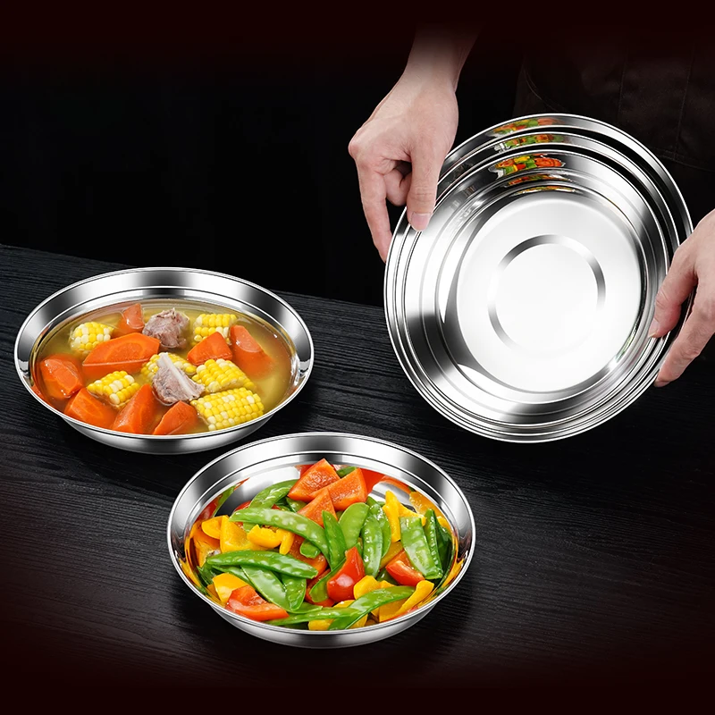 

Luxury 316 Stainless Steel Plate LFGB Certificate 260ml~1700ml Overflow Prevention Dish 14cm~26cm Dinning Tableware for Family