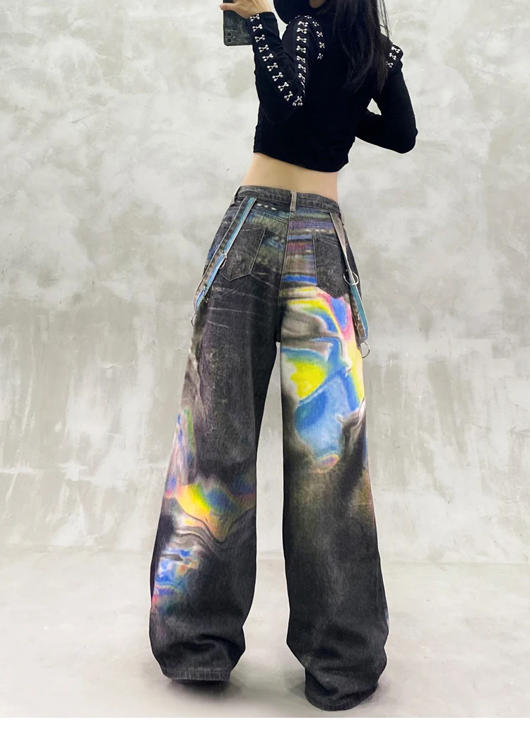 2025 Summer and Autumn Colorful Printed Design Casual Floor-Length Jeans High Waist Loose Slimming Versatile Wide-Leg Pants