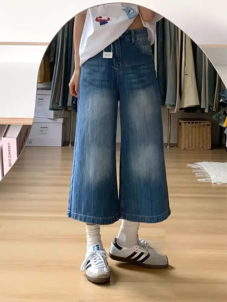 ハイウエストワイドレッグクロップデニムジーンズ レディース ルーズフィットストレートレッグパンツ 秋新作 スリープラスサイズ ストリートファッションジーンズ