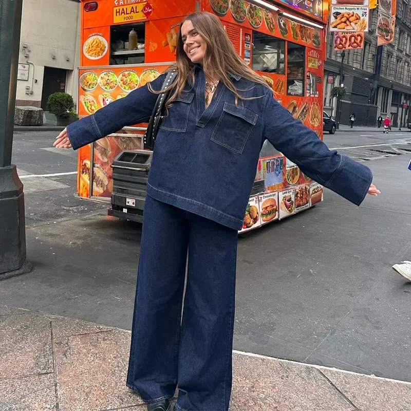 

CPSYMYM Street Loose Solid Women Jeans Suits Lapel Full Sleeve Pockets Top High Waist Wide Leg Pants Spring New Fashion Lady Se