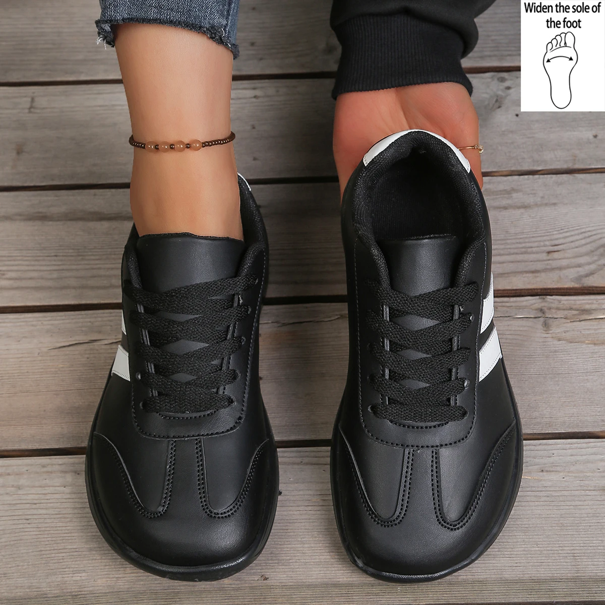 Ladies' plus-size wide-last casual sneakers, pure color stitching, front lace-up, lightweight, barefoot-like shoes