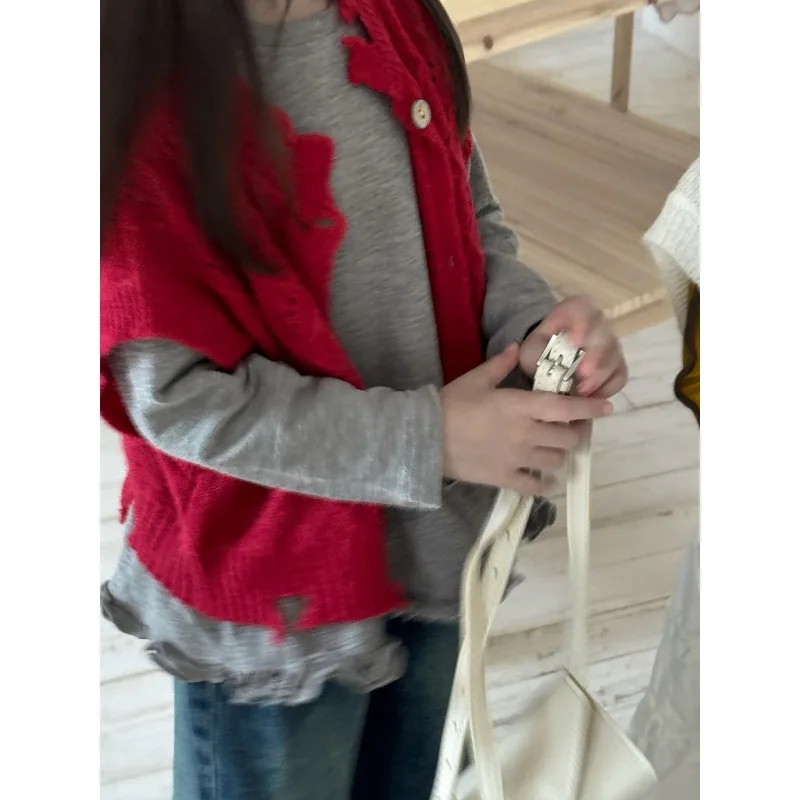 

New Korean Style Hollow Knitted Vest for Girls in Spring and Autumn, Loose Short Sweater for Baby Girls, Cardigan