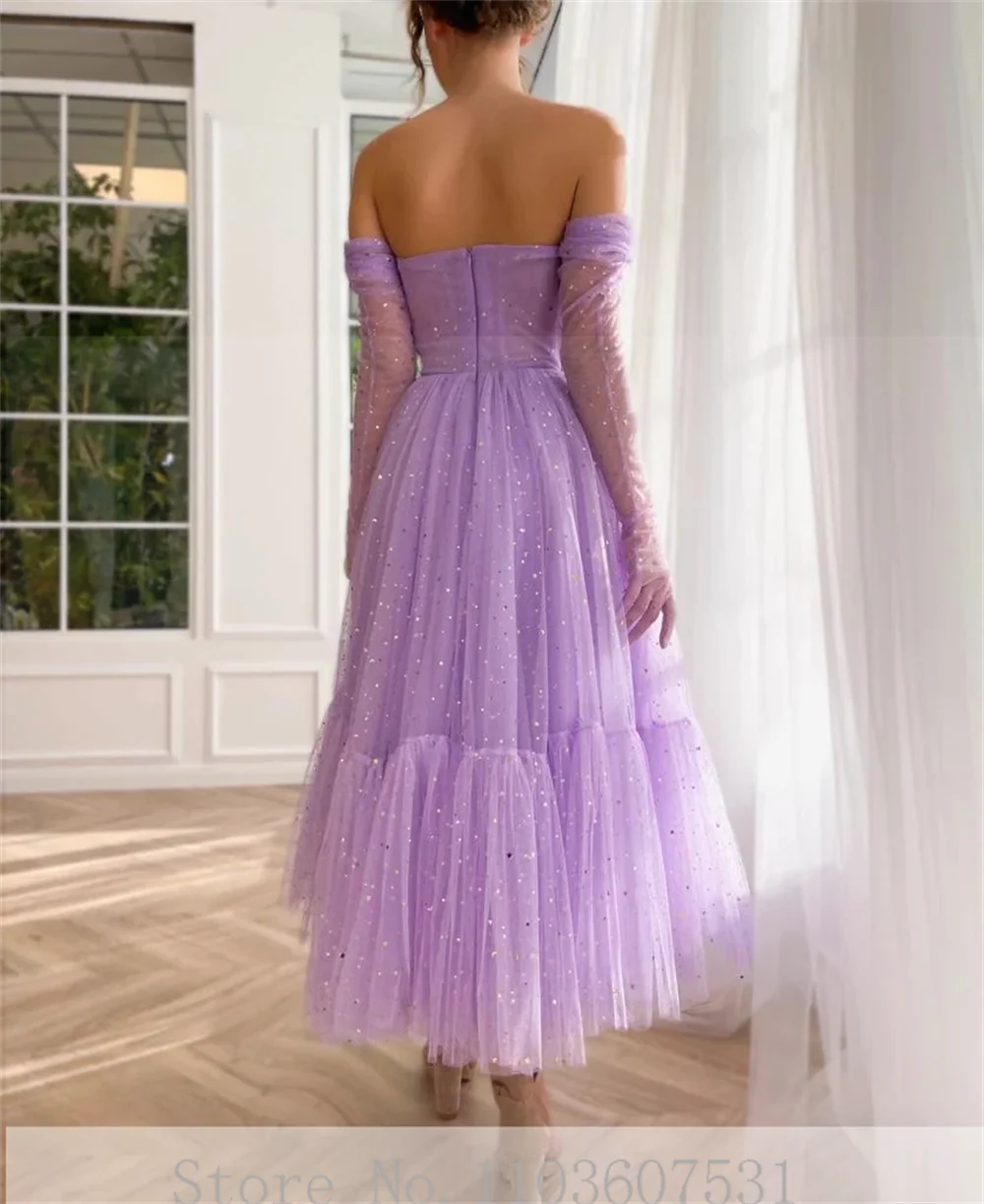 Boat Collar Strapless Pleated Tulle Sequins Prom Dress for Women Elegant A-line Tea-Length Prom Gown robe de mariée