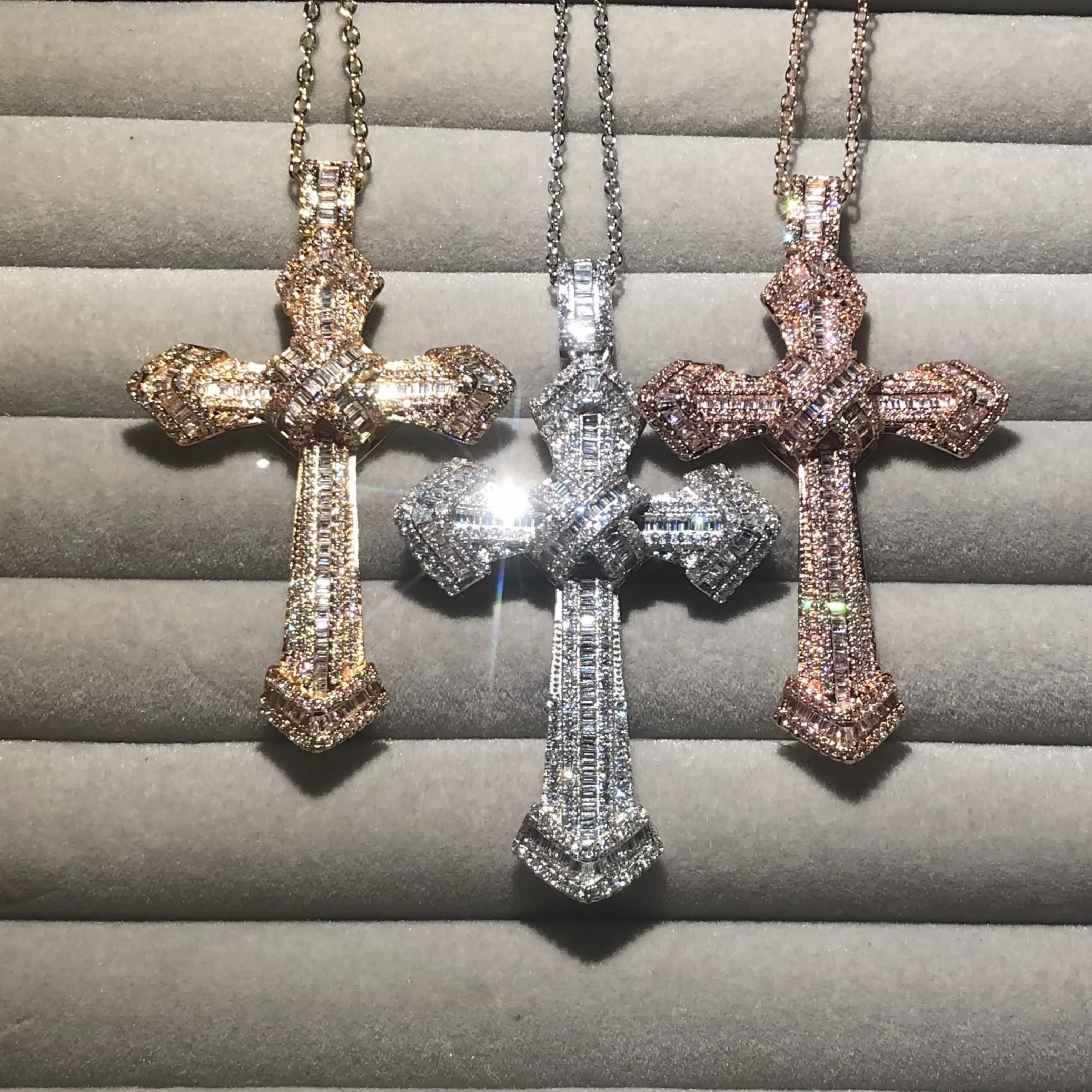 Handmade Christianity Cross Pendants sona diamond painting full real 925 silver 14k gold Wedding Necklace for Women Men jewelry