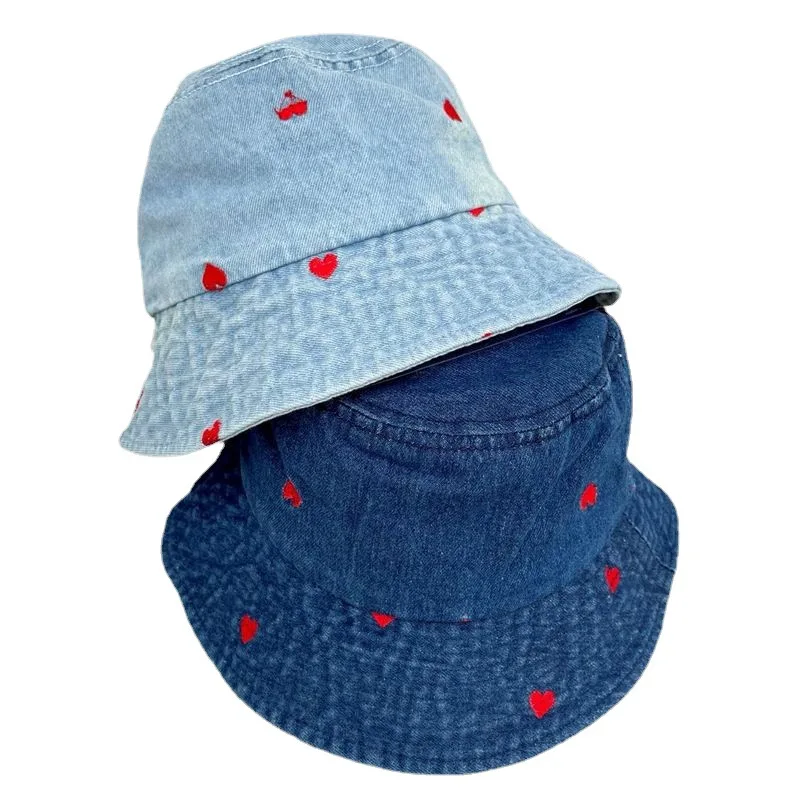 Embroidered Heart Cotton Summer Jeans Bucket Hat Cap For Women Spring Fisherman Hat Outdoor Travel Ladies Hat Gift Wholesales