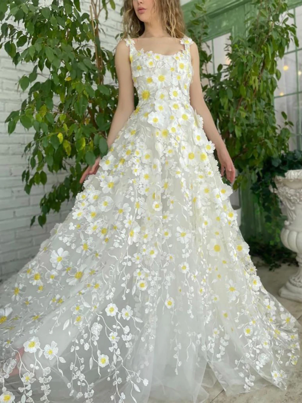 Light Yellow  3D Blossom Embroidered Celebrity Homecoming Gowns Custom Made Square Neck Low Cut Fairytale Garden Holidays Dress