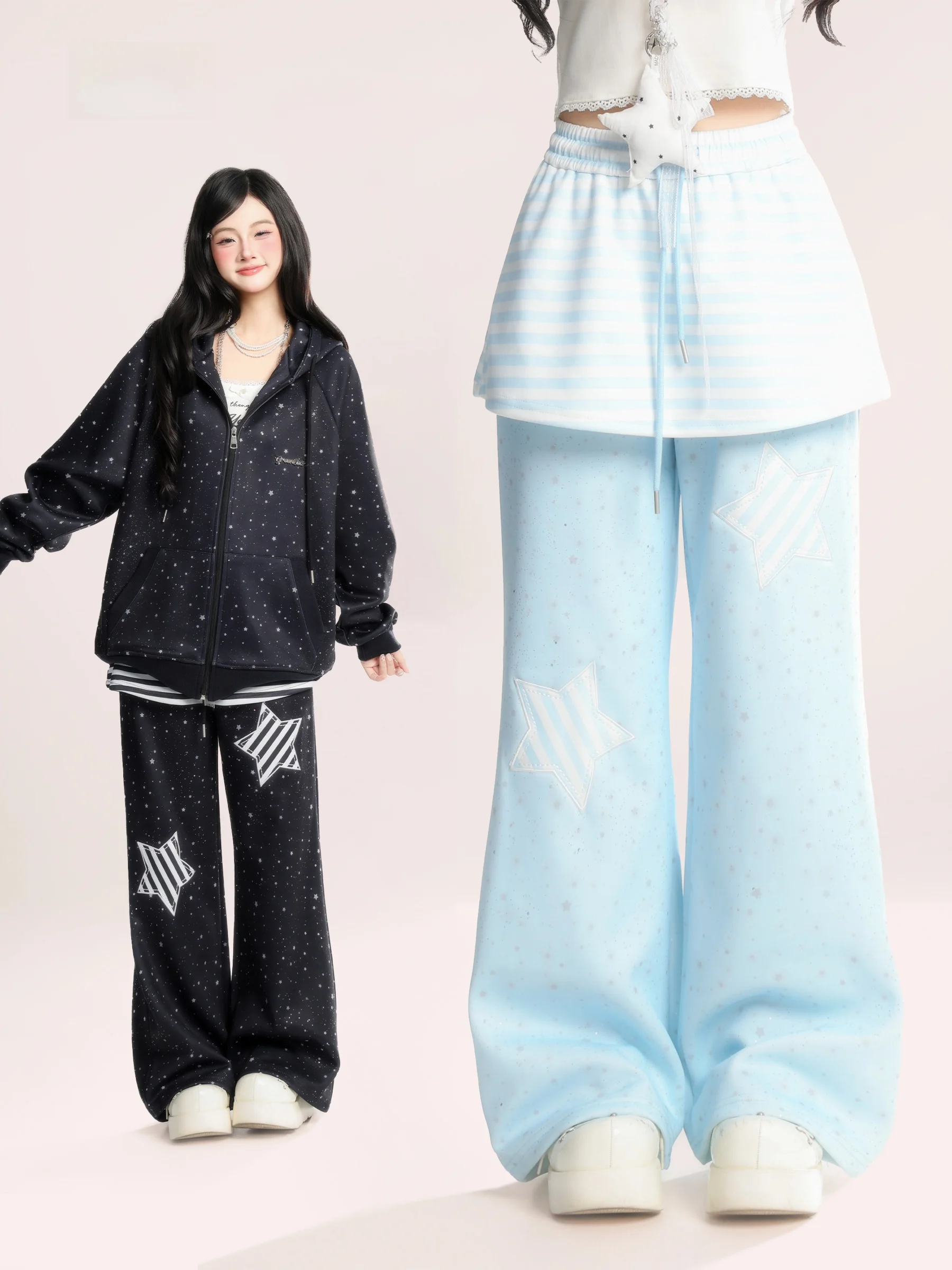 

HM Lightweight Asymmetrical Star Pattern Casual Pants Women's Loose Wide Leg Pants Spring Season Faionable Trousers