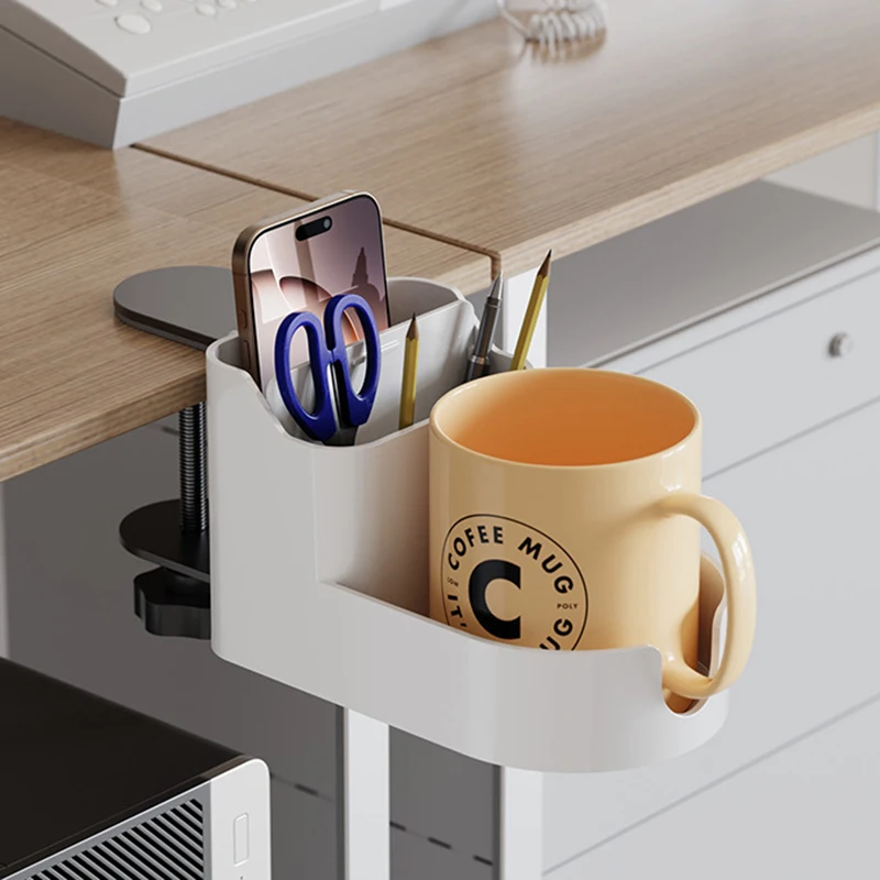 

Clip On Desk Cup Holder - Desktop Organizer Clamp, Water Bottle Holder, Remote Holder - Home Office Desk Accessories