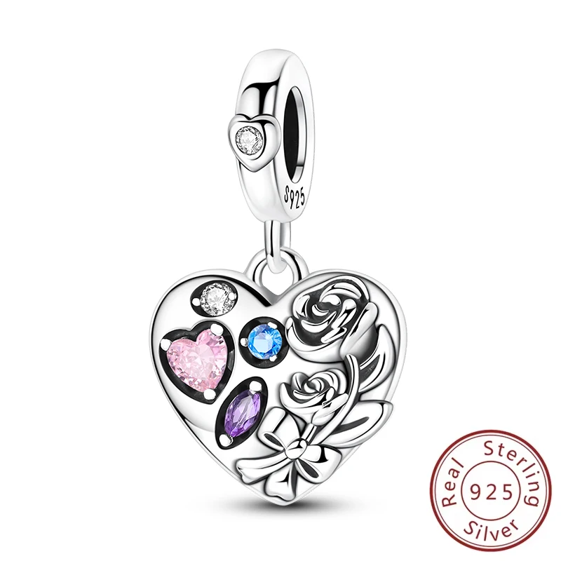 

925 Sterling Silver Love Heart Rose Chocolate Charms Beads Valentine's Day Pendant Fit Original Bracelet DIY Couple Jewelry Gift