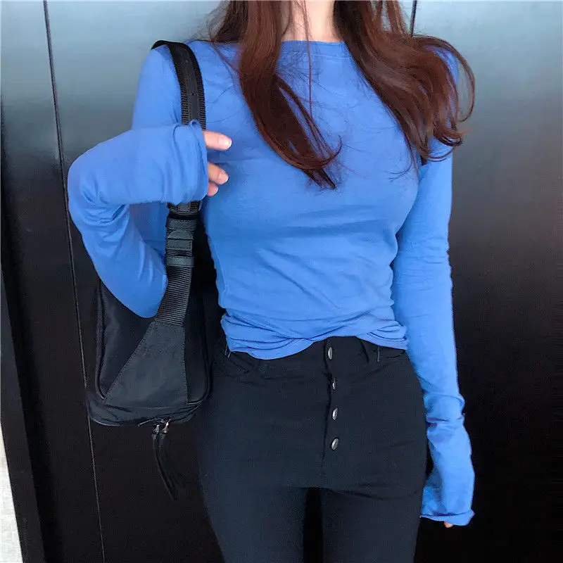 

Comfortable Korean Spring Autumn Solid Color Pullover Round Neck Solid Color Women's Clothing Casual Fashionable Elegant Tops