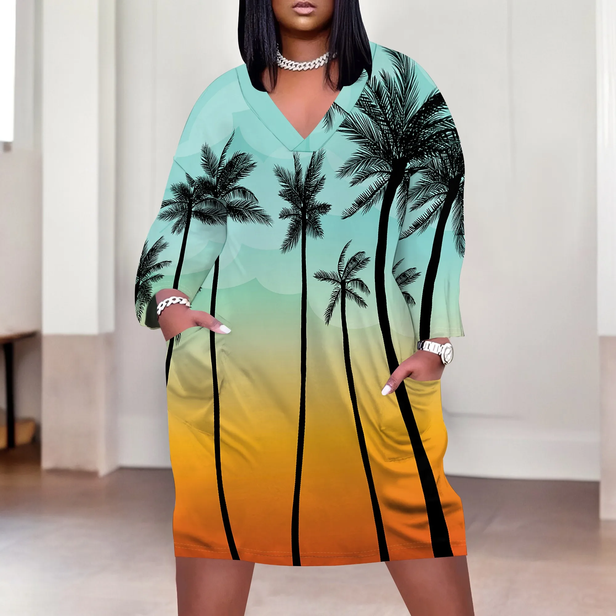 

Plus Size Palm Tree Print Dress for Women XL-6XL, V-Neck Beach Dress, Tropical Sunset Style for Vacation & Summer