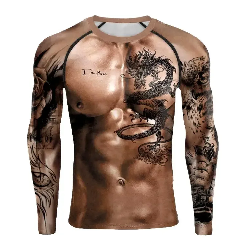 3D printed bodybuilder muscle simulation for men\'s sports tough guy fashion round neck hip-hop casual long sleeved T-shirt top