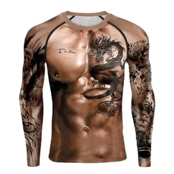 3D printed bodybuilder muscle simulation for men's sports tough guy fashion round neck hip-hop casual long sleeved T-shirt top