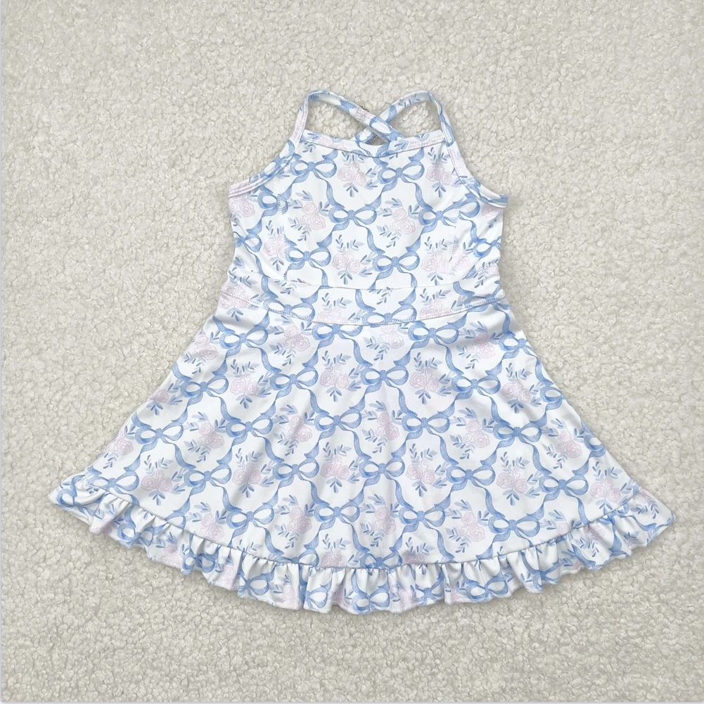 

Hot Sale Baby Girls Active Wear Baby Girls Strap Blue Bows Floral Yoga Active Wear Skort Knee Length Girls Athletic Dress