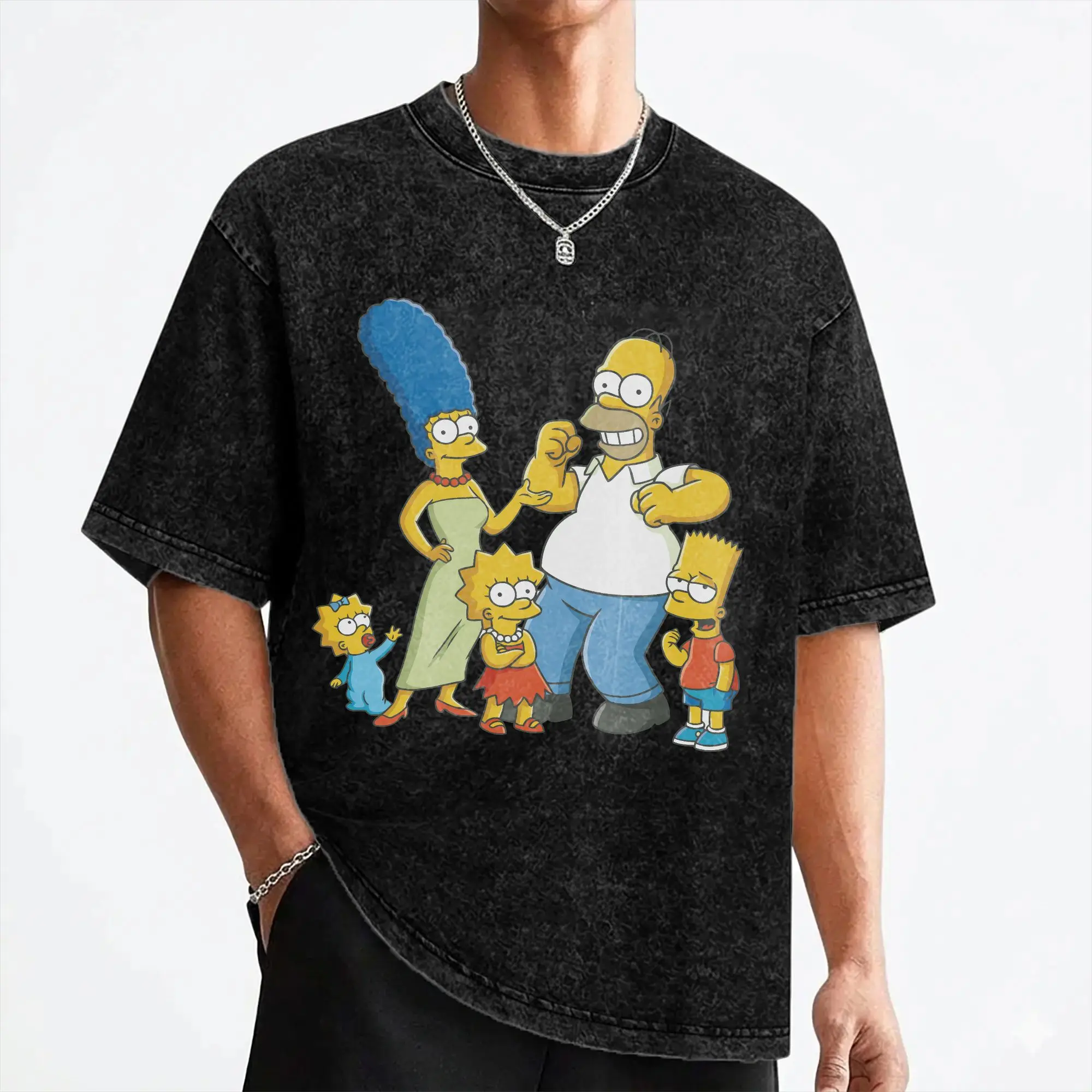 Cartoon The S-Simpsons T Shirts Washed Short Sleeve High Street T-Shirt  Cool Men Women Streetwear Graphic Tee Shirt