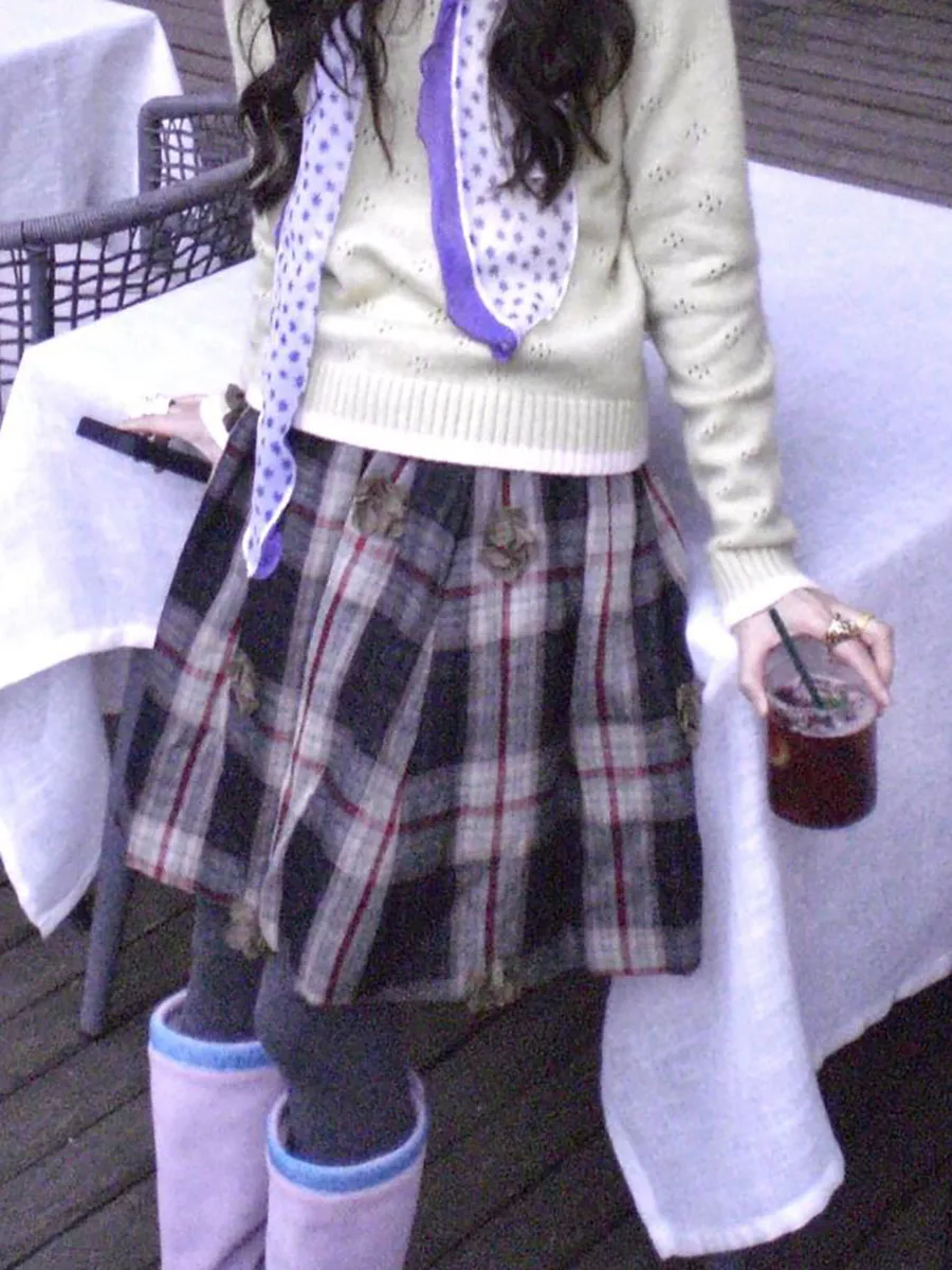 

Coffe Red Plaid Elastic Waist Warm Cotton f Skirt Korean Sle Commute High Waist A-Line Skirt for Young Women