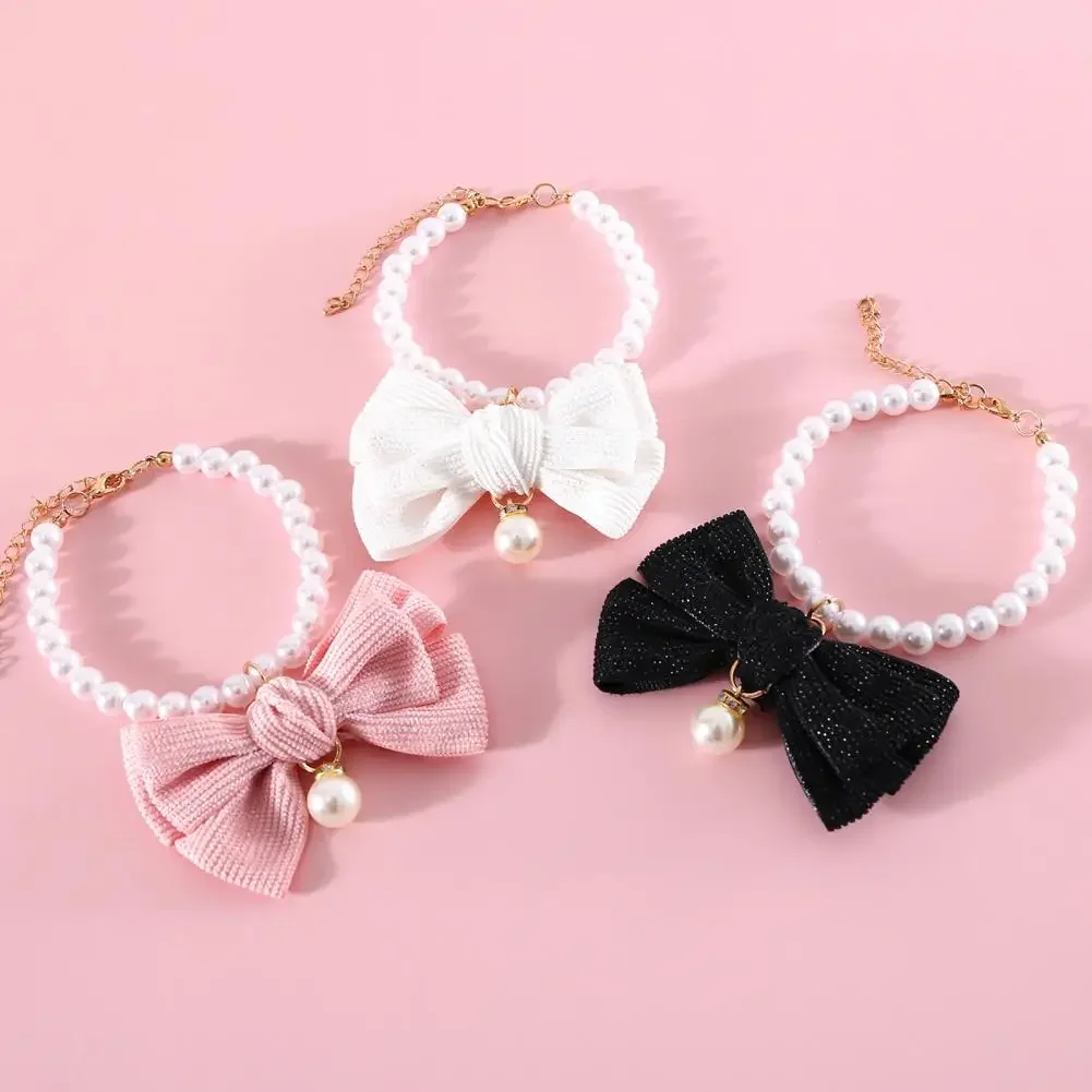 Faux Pearl Bow Pet Necklace Elegant Adjustable Cat Dog Collar Chain Solid Color Cute Pet Neck Circle Pet Accessories Chihuahua