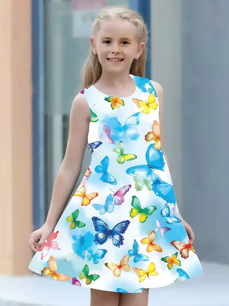 2024 Summer New Children's Sleeveless Dress 3D Fashion Butterfly Print Home and Outdoor Short Skirt Breathable and Cool Girl Top