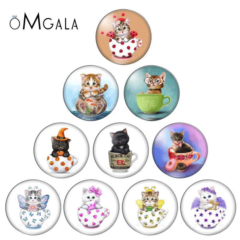 Cartoon Lovely Cup Baby Cats Animal 10szt 8mm/10mm/12mm/16mm/18mm/25mm Okrągłe zdjęcie szklany kaboszon demo płaski tył Making findings