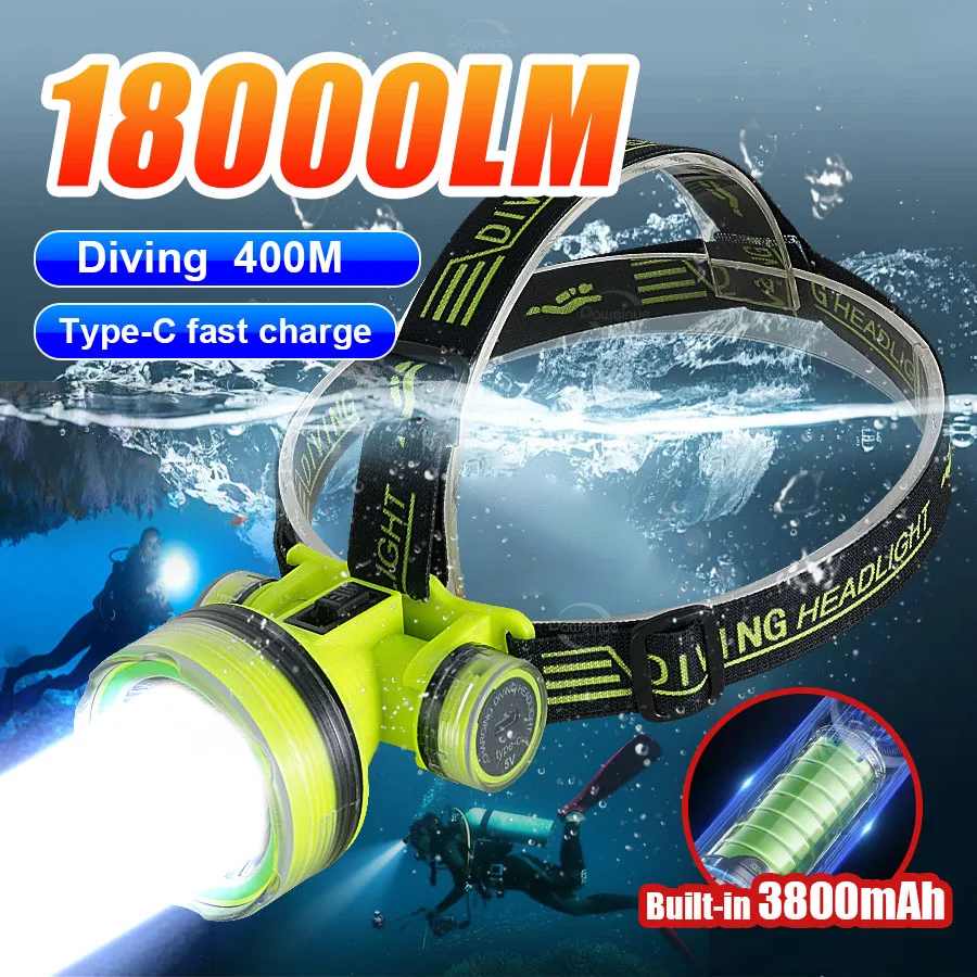 18000LM Newest Professional Diving Headlight 400M Scuba Diving Flashlight Type-C Rechargeable Underwater Lamps Diving Headlamp