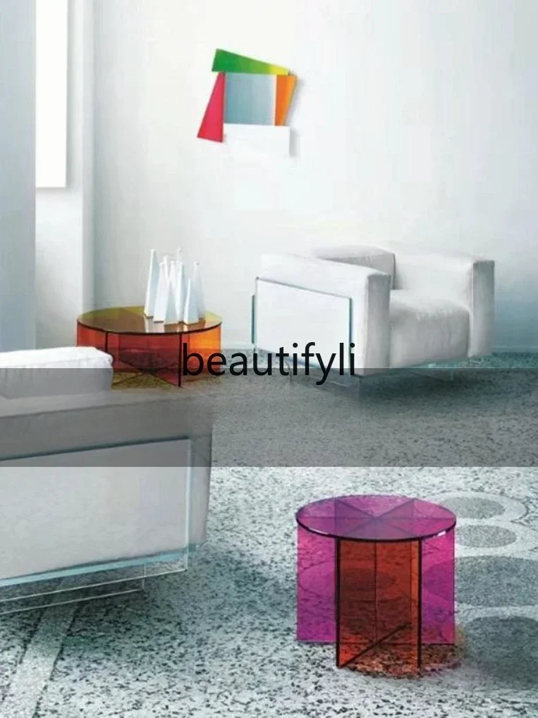 

yj5 Glass coffee table living room household balcony low round table furniture sofa corner table
