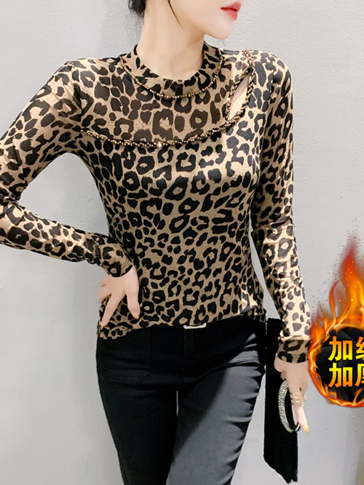 New Round Neck Patchwork Handmade Diamond Long Sleeved Hollowed Out Leopard Print Mesh T-Shirt For Women's Slim Fit Base Shirt