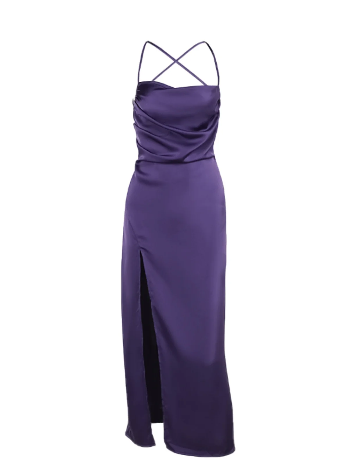 Temperament Paars Satijn Charme Halsgemonteerde Lange Splitjurk Dames Europese en Amerikaanse Sexy Elegante Backless Onregelmatige Jurken