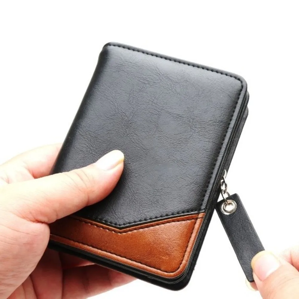 Pu Leather Men Short Wallet Zipper Color Blocking Business Clutch Bag Large Capacity Multi Card Slot Men Card Holder Men