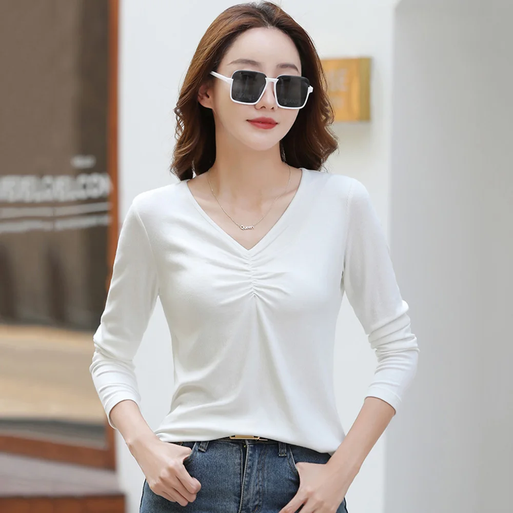 

New Women French Style T-shirt Spring Autumn Fashion Folds V-Neck Long Sleeve Loose Tees Tops Simplicity Basic Bottoming T-shirt