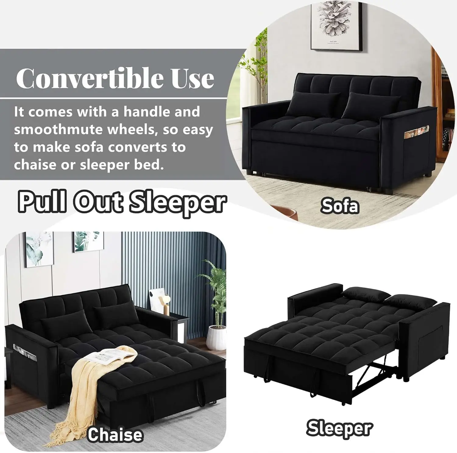 Cumkea Converteerbare Bank 3-In-1 Multifunctioneel Fluwelen Uitklapbed, 55 ''Loveseat Chaise Lounge Met