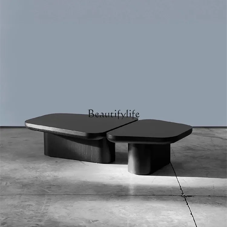 

46French solid wood simple special-shaped villa living room coffee table black oval coffee table