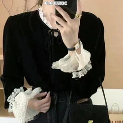 Retro Cute Sweet Black Velvet Tops New Year Women Preppy Style Date Girls Patchwork White Ruffles Button Shirt Blouse Vintage