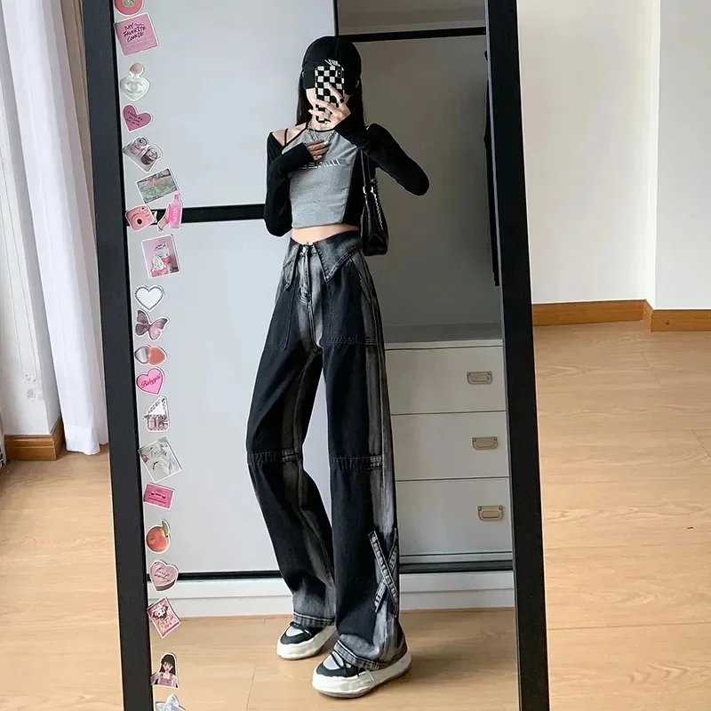 2025 Female High-end Gradient Cowboy Trousers Spring Autumn Women Leisure Wide-leg Jeans Korean Ladies  High Waist Denim Pants
