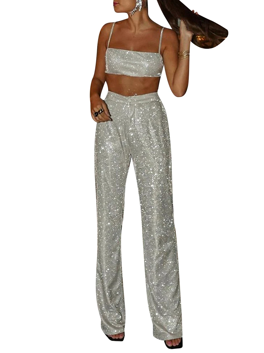 

Women s 2 Piece Outfit Sparkle Sequin Sleeveless Cami Crop Top Bling Glitter High Waist Straight Leg Pants Set