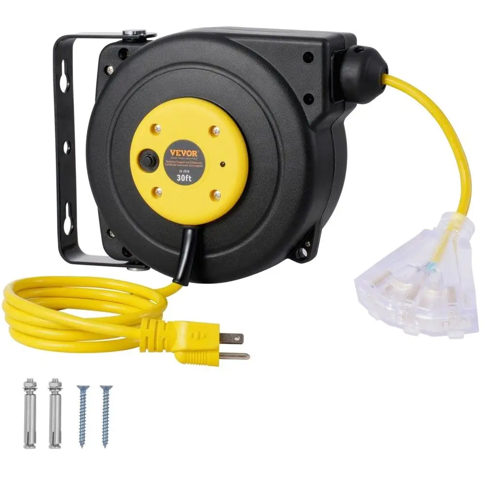 

30FT Retractable Extension Cord Reel 16AWG 3C SJTOW Indoor Outdoor Power Cable Management System