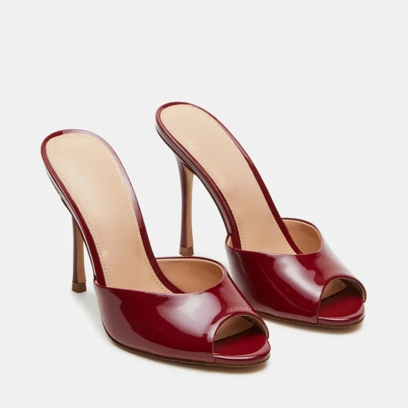 

New Fish Mouth High Heels Women's Sensation Fine Heel Sandals Wine Red Lacquer Leather Minimally Designed Half Slippers