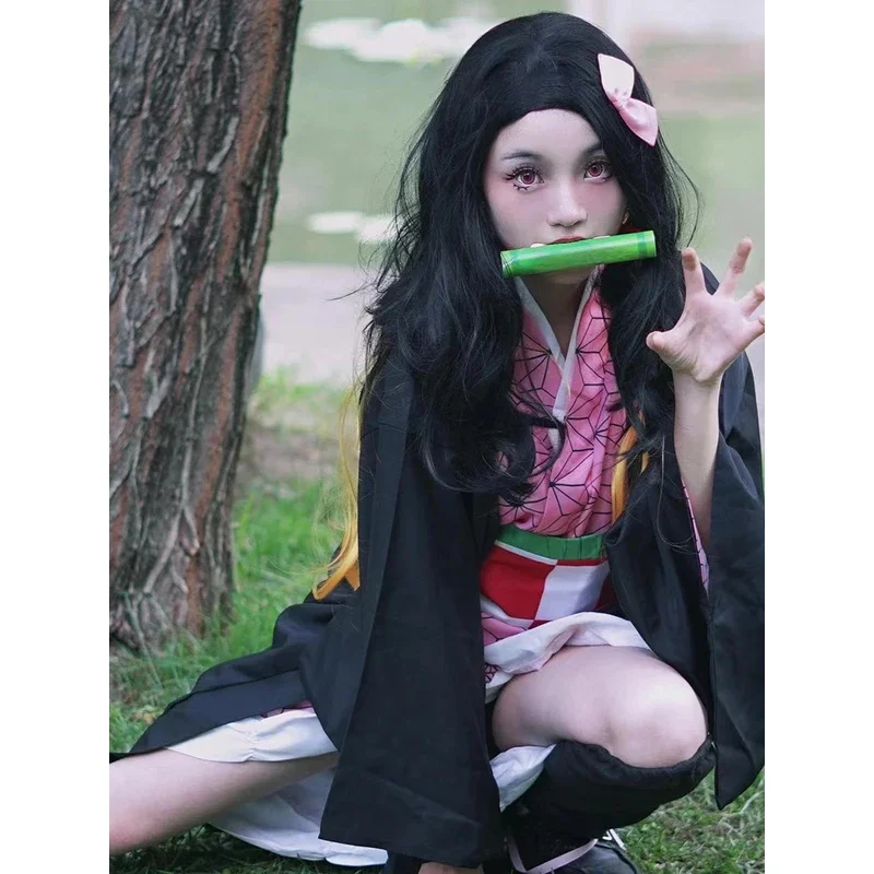 Anime Demon Slayers Cosplay Costume Kimetsu No Yaiba Kamado Nezuko Uniform Clothes Carnival Party Comic-Con Adult Kids Wig Suit